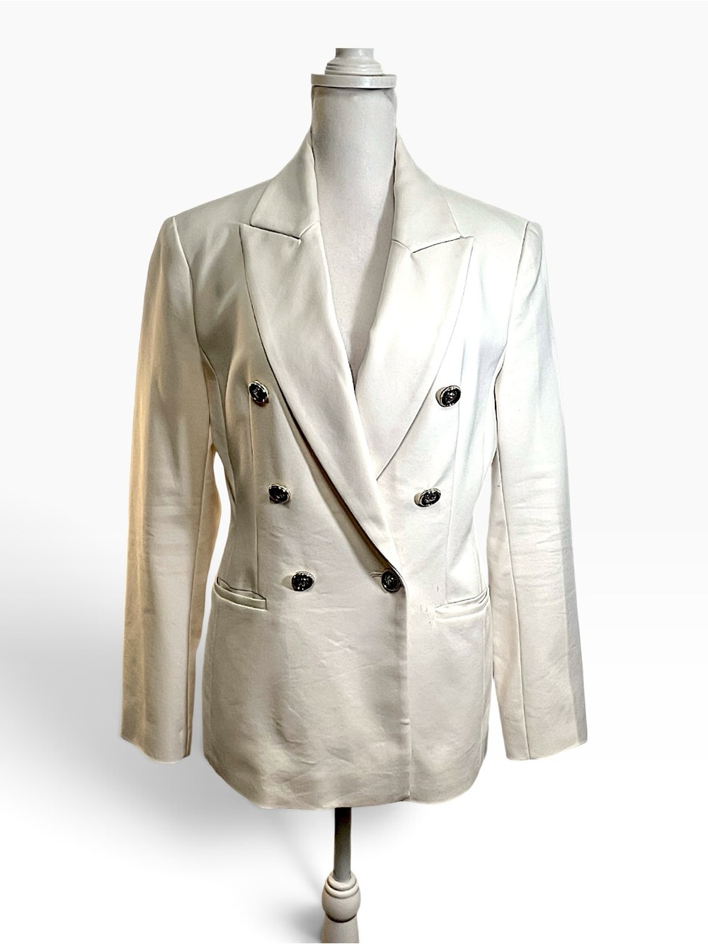 ZARA Double Breasted Long Blazer with black & gold logo buttons SZ S